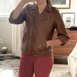 Gap Brown Leather Cropped Sleeve Moto Jacket